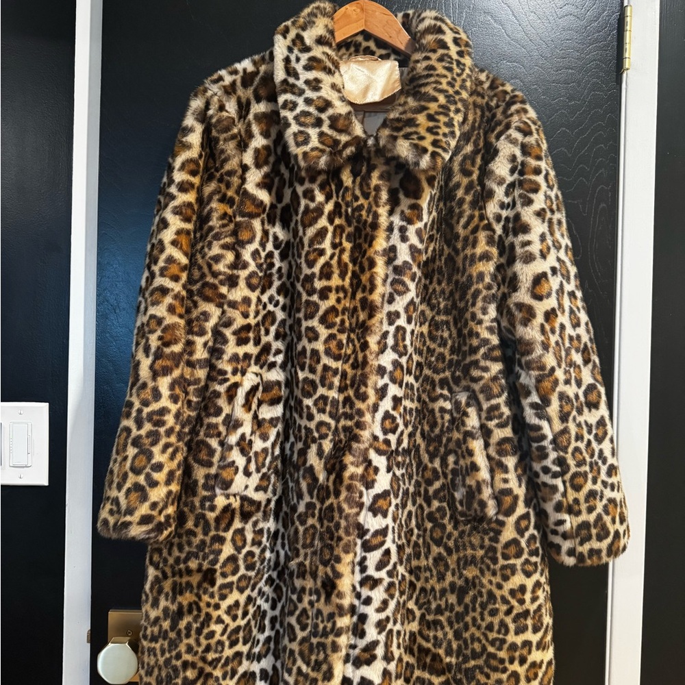 Leopard Print Faux Fur Coat - Size XL